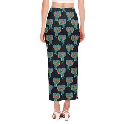 Indian Tribal Elephant Pattern Print Side Slit Maxi Skirt