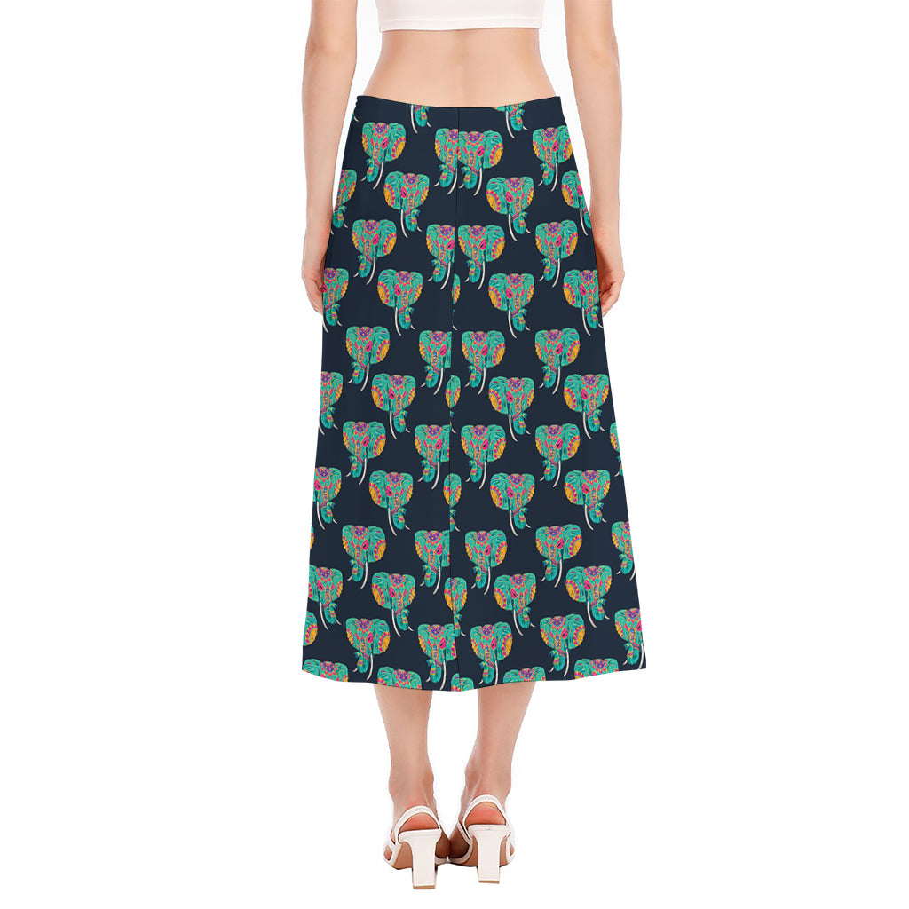 Indian Tribal Elephant Pattern Print Side Slit Midi Skirt