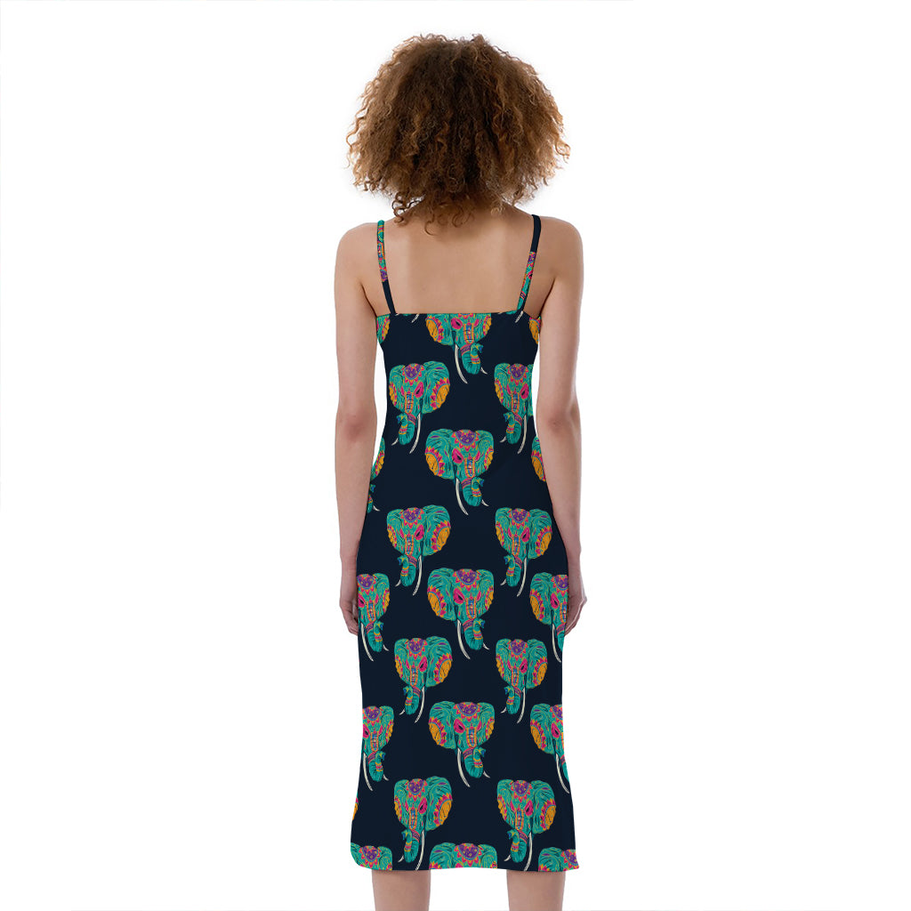 Indian Tribal Elephant Pattern Print Slim Fit Midi Cami Dress