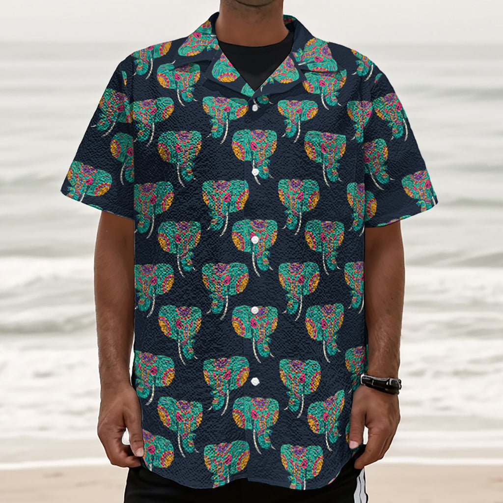 Indian Tribal Elephant Pattern Print Textured Short Sleeve Shirt