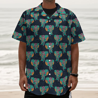 Indian Tribal Elephant Pattern Print Textured Short Sleeve Shirt