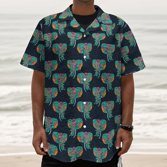 Indian Tribal Elephant Pattern Print Textured Short Sleeve Shirt