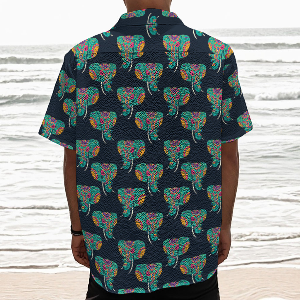 Indian Tribal Elephant Pattern Print Textured Short Sleeve Shirt