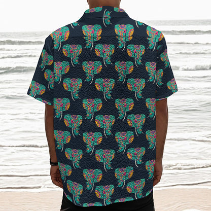 Indian Tribal Elephant Pattern Print Textured Short Sleeve Shirt