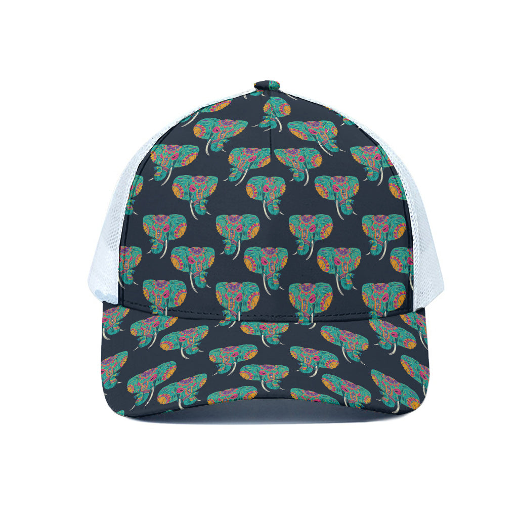 Indian Tribal Elephant Pattern Print White Mesh Trucker Cap