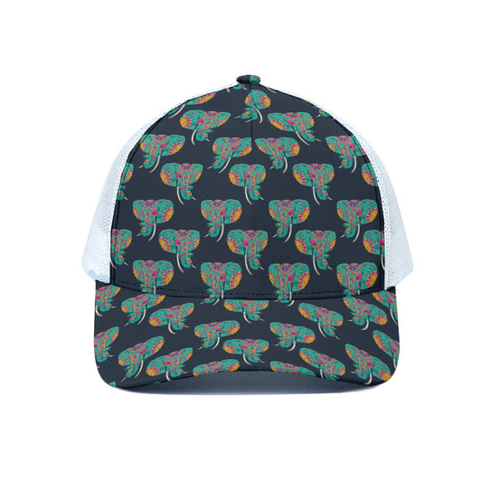 Indian Tribal Elephant Pattern Print White Mesh Trucker Cap