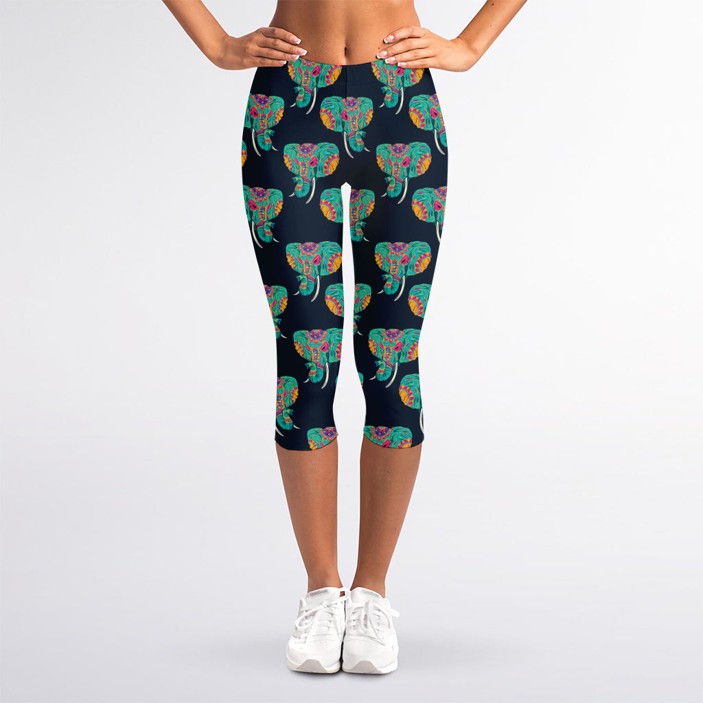 Indian Tribal Elephant Pattern Print Women's Capri Leggings