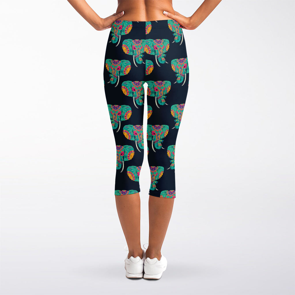 Indian Tribal Elephant Pattern Print Women's Capri Leggings