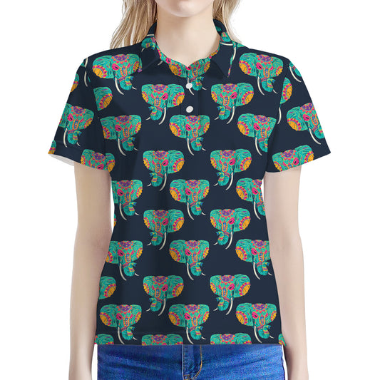 Indian Tribal Elephant Pattern Print Women's Polo Shirt