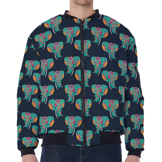 Indian Tribal Elephant Pattern Print Zip Sleeve Bomber Jacket
