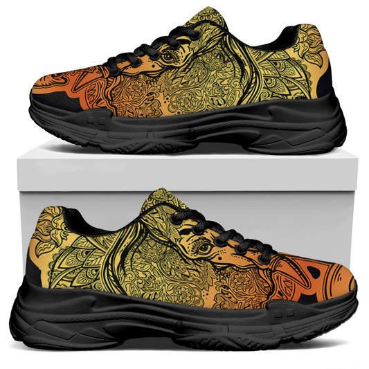Indian Tribal Spiritual Elephant Print Black Chunky Shoes