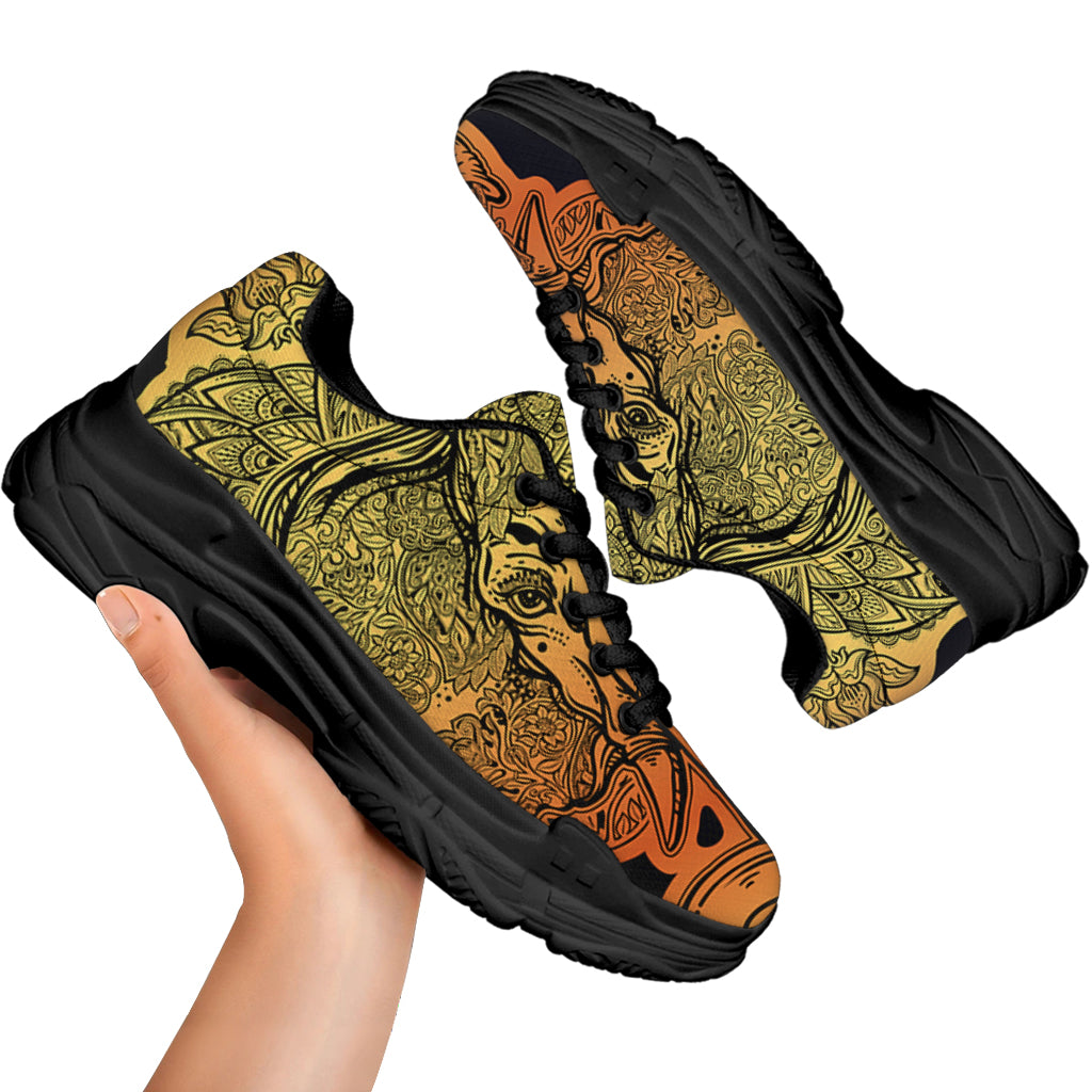 Indian Tribal Spiritual Elephant Print Black Chunky Shoes