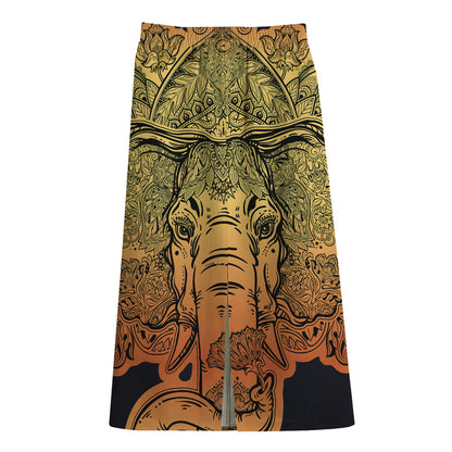 Indian Tribal Spiritual Elephant Print Cotton Front Slit Maxi Skirt