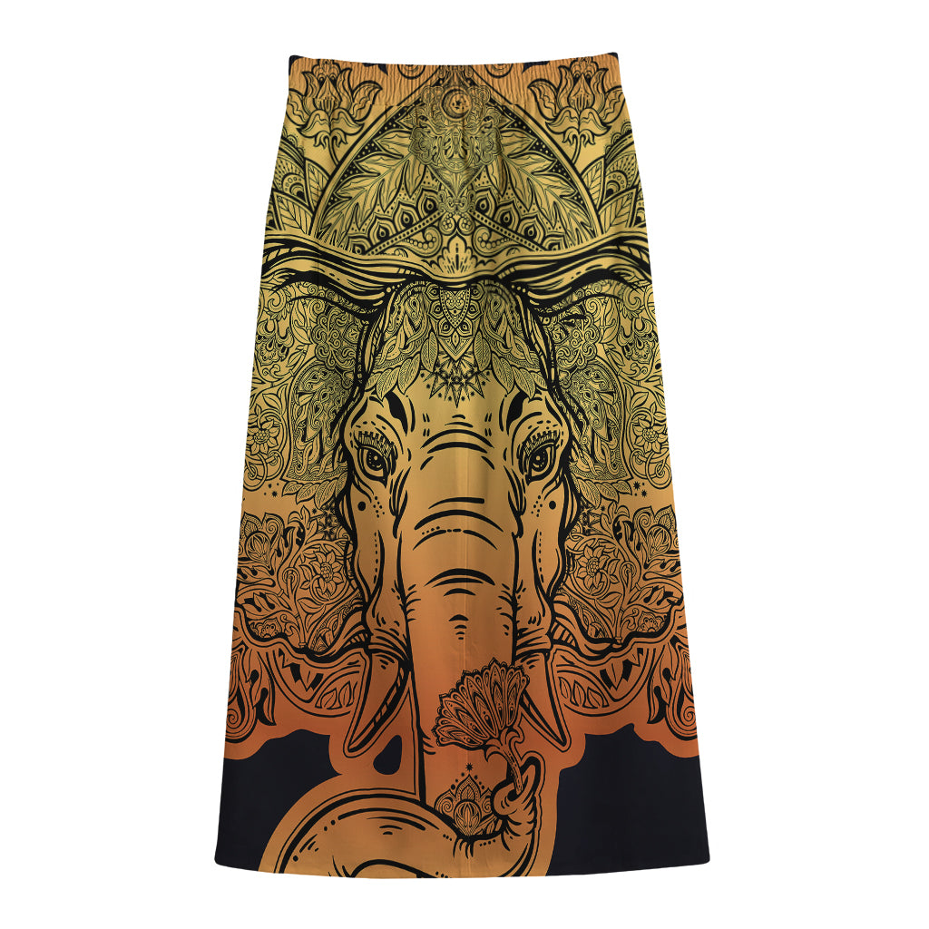 Indian Tribal Spiritual Elephant Print Cotton Front Slit Maxi Skirt