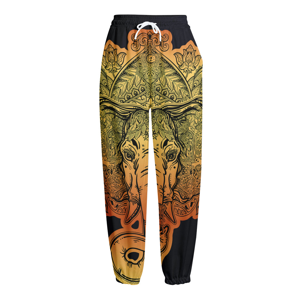 Indian Tribal Spiritual Elephant Print Fleece Lined Knit Pants