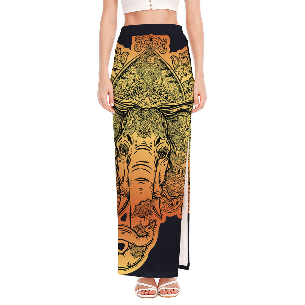 Indian Tribal Spiritual Elephant Print High Slit Maxi Skirt