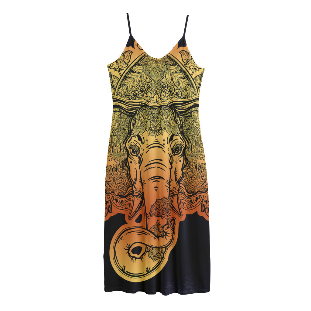 Indian Tribal Spiritual Elephant Print Jersey Midi Cami Dress
