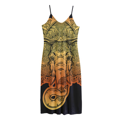 Indian Tribal Spiritual Elephant Print Jersey Midi Cami Dress