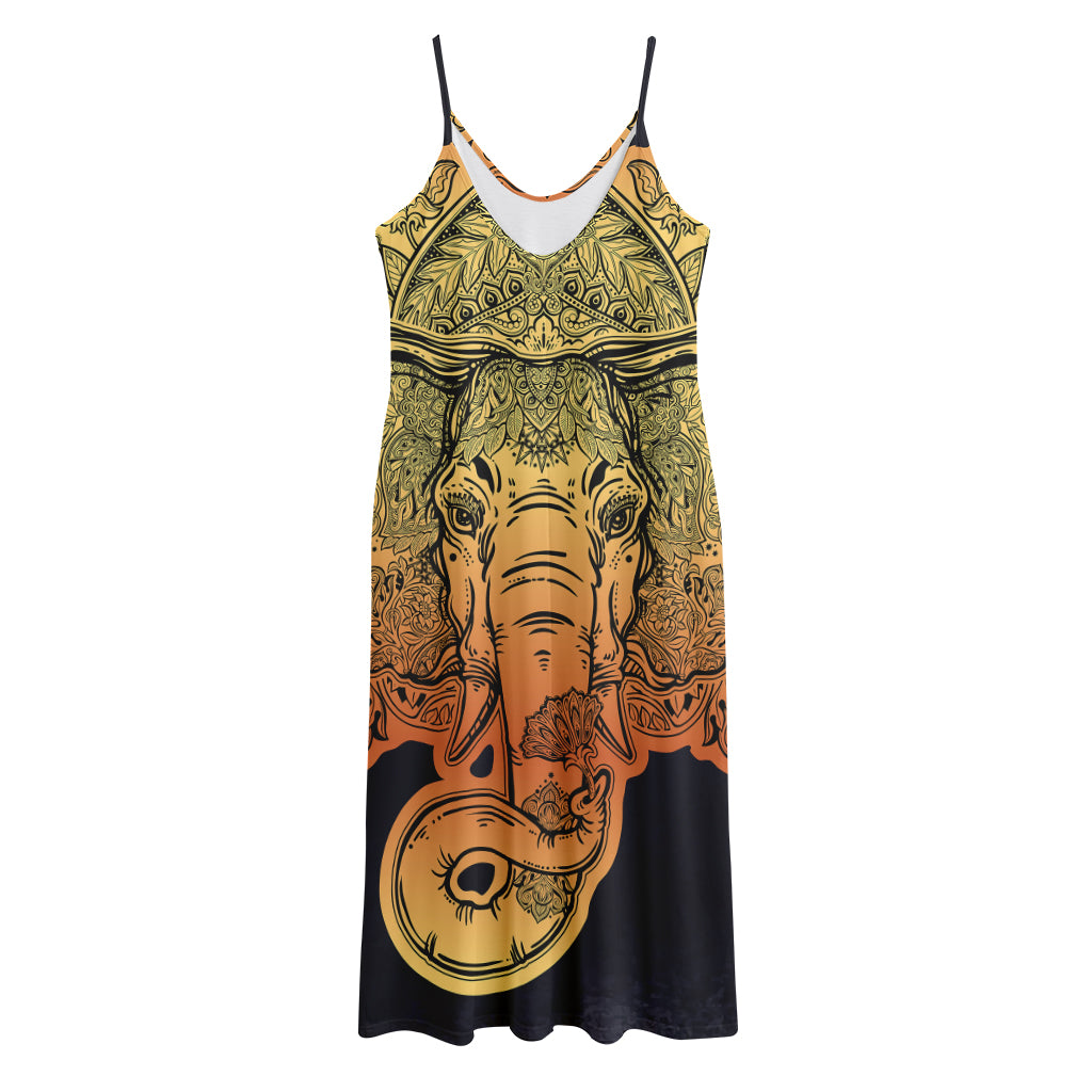 Indian Tribal Spiritual Elephant Print Jersey Midi Cami Dress