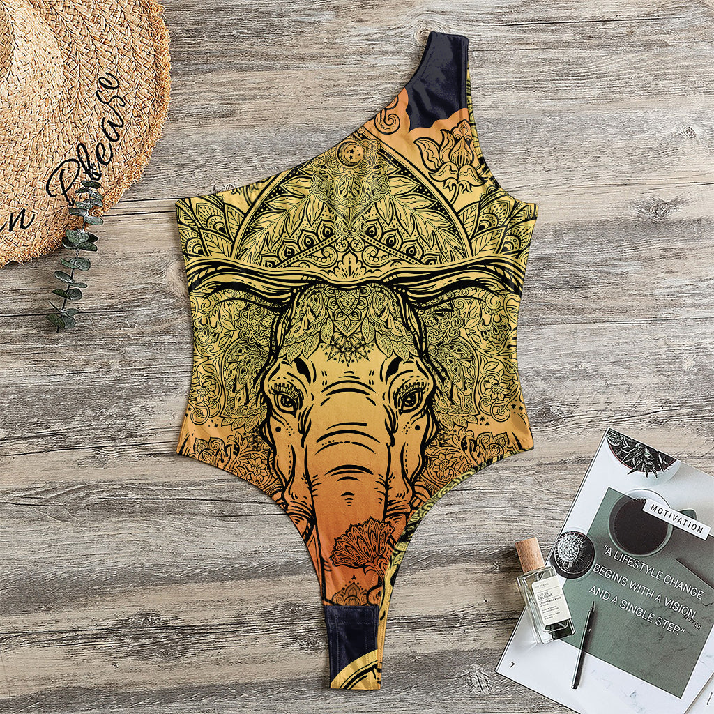 Indian Tribal Spiritual Elephant Print One Shoulder Bodysuit