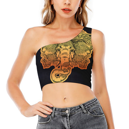 Indian Tribal Spiritual Elephant Print One Shoulder Crop Top