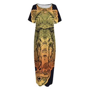 Indian Tribal Spiritual Elephant Print Short Sleeve Long Nightdress