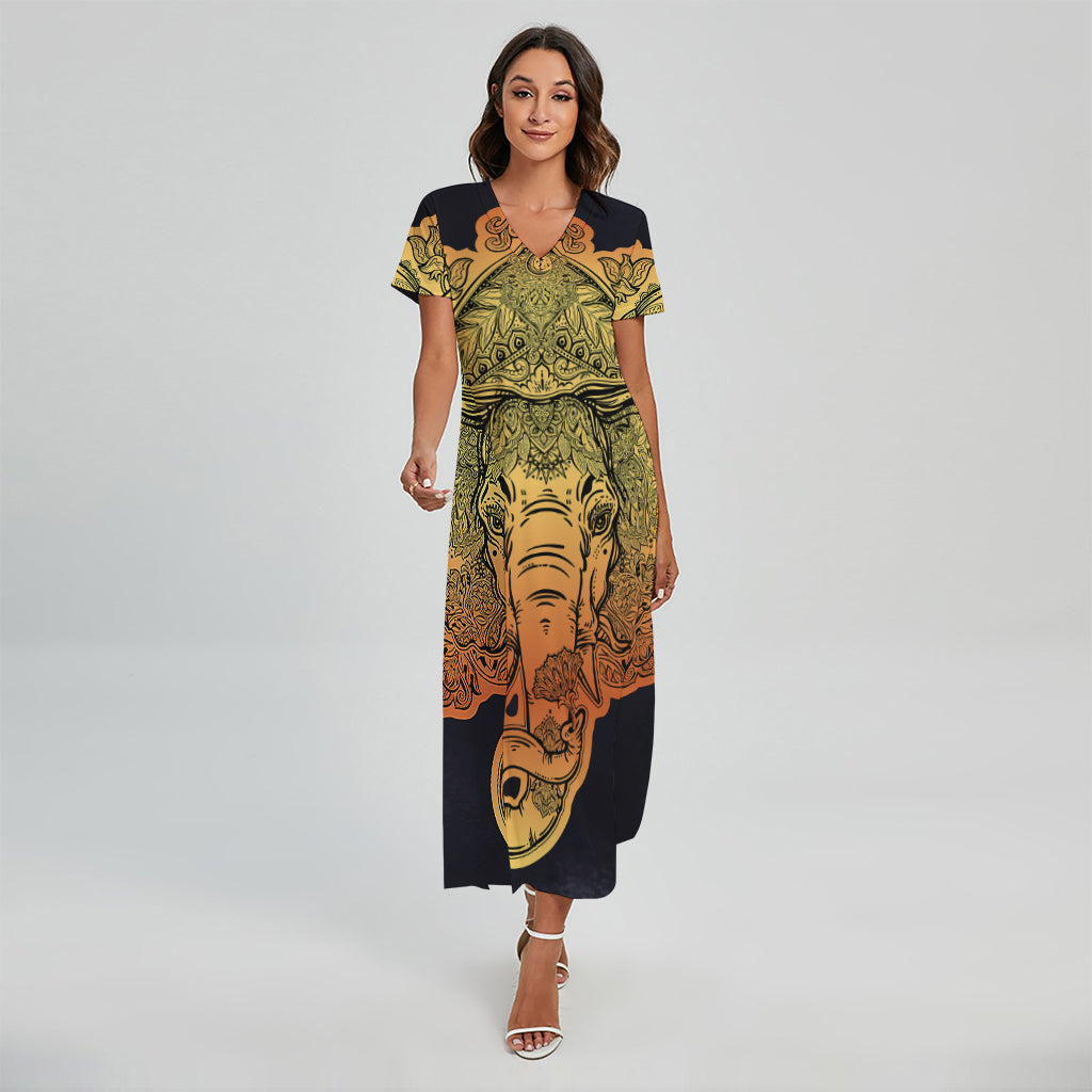Indian Tribal Spiritual Elephant Print Short Sleeve Maxi Dress