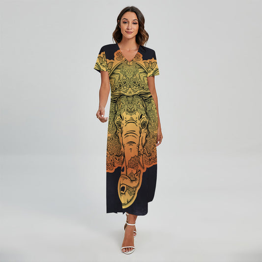 Indian Tribal Spiritual Elephant Print Short Sleeve Maxi Dress