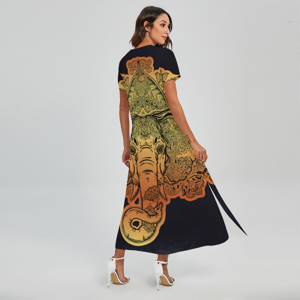 Indian Tribal Spiritual Elephant Print Short Sleeve Maxi Dress