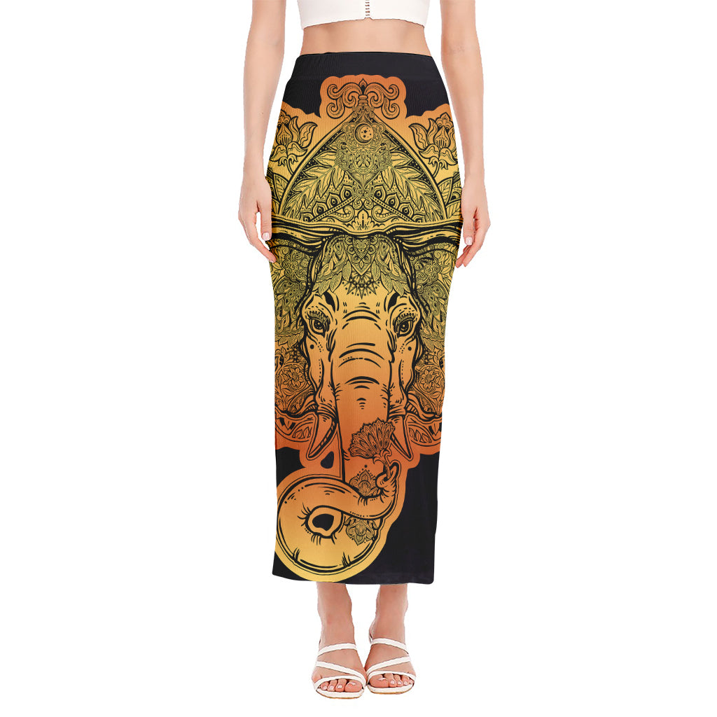 Indian Tribal Spiritual Elephant Print Side Slit Maxi Skirt