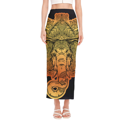 Indian Tribal Spiritual Elephant Print Side Slit Maxi Skirt