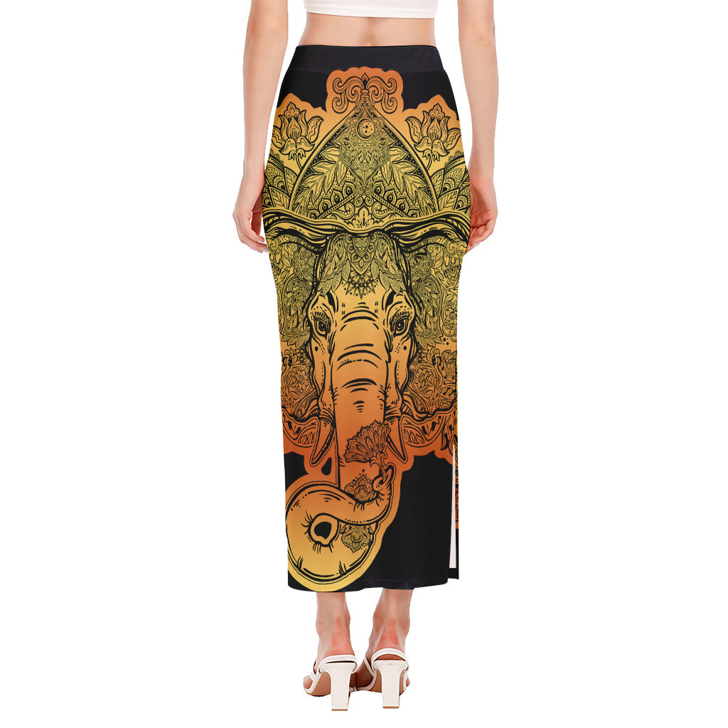 Indian Tribal Spiritual Elephant Print Side Slit Maxi Skirt