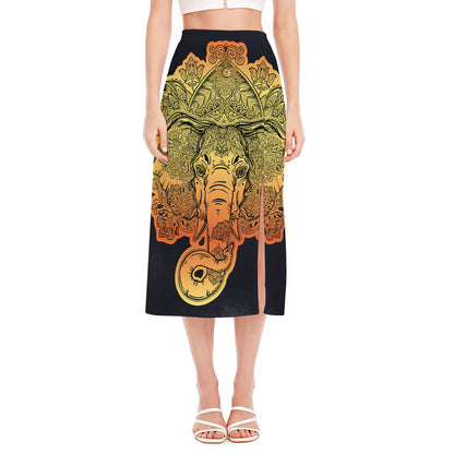 Indian Tribal Spiritual Elephant Print Side Slit Midi Skirt