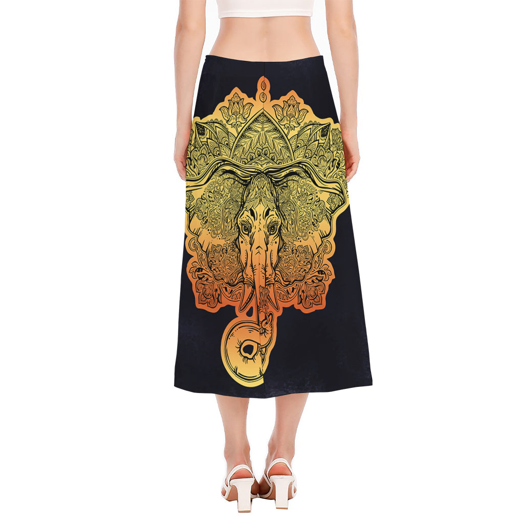 Indian Tribal Spiritual Elephant Print Side Slit Midi Skirt