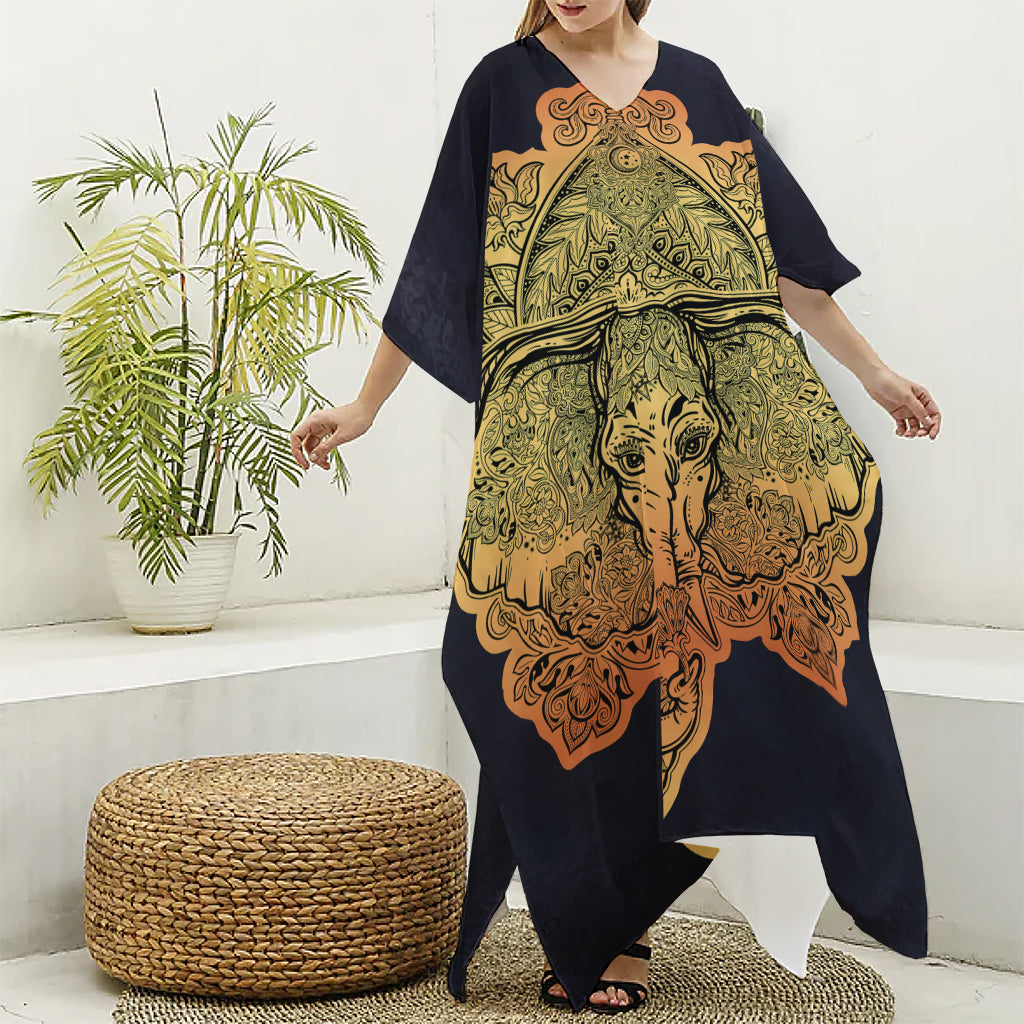 Indian Tribal Spiritual Elephant Print Silk V-Neck Kaftan Dress