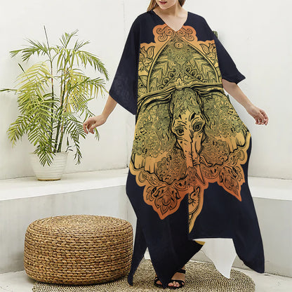 Indian Tribal Spiritual Elephant Print Silk V-Neck Kaftan Dress