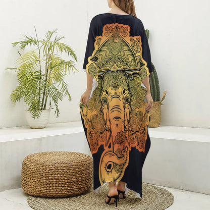 Indian Tribal Spiritual Elephant Print Silk V-Neck Kaftan Dress