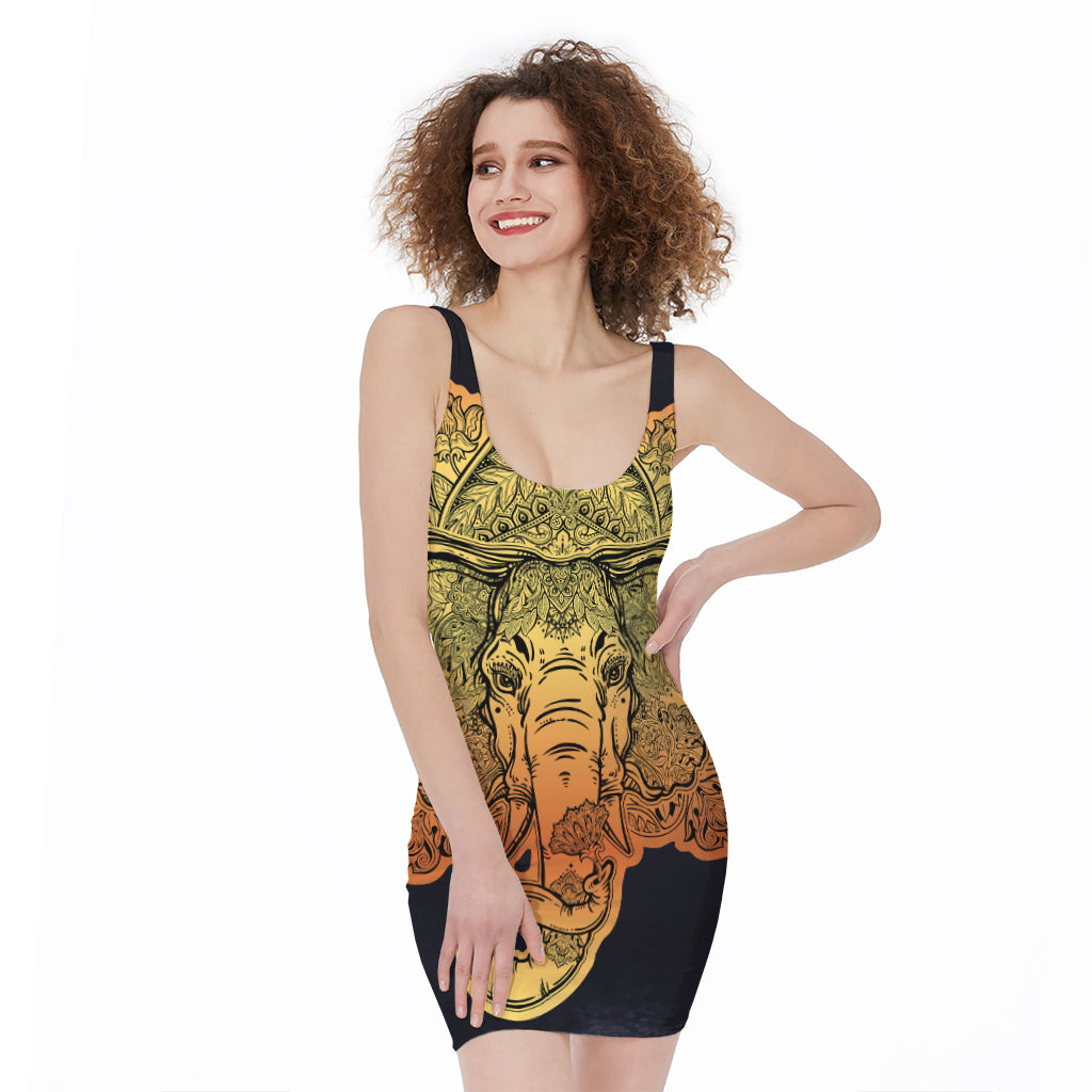Indian Tribal Spiritual Elephant Print Sleeveless Bodycon Dress