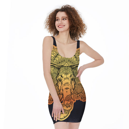 Indian Tribal Spiritual Elephant Print Sleeveless Bodycon Dress