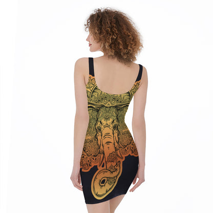 Indian Tribal Spiritual Elephant Print Sleeveless Bodycon Dress