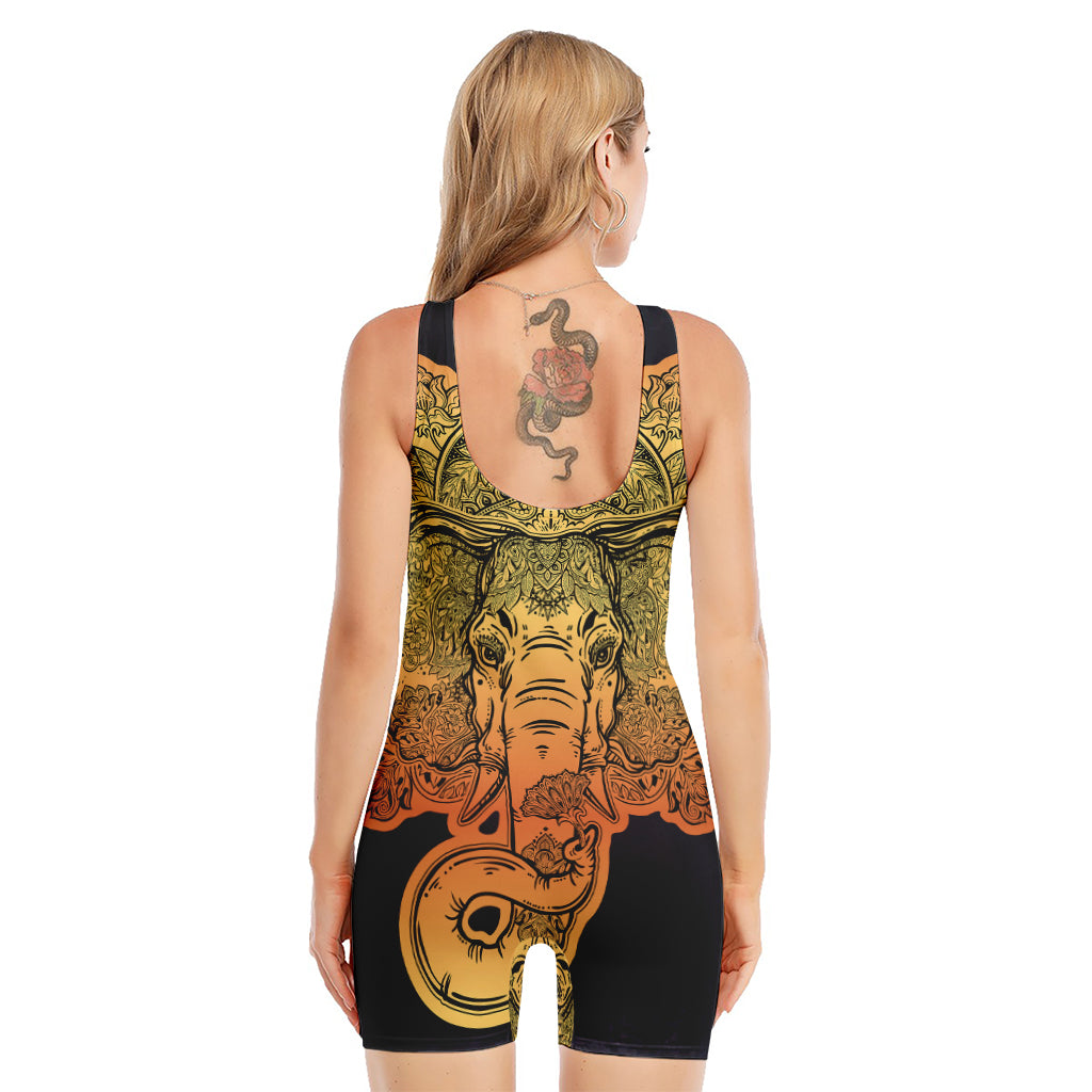 Indian Tribal Spiritual Elephant Print Sleeveless One Piece Swimsuit