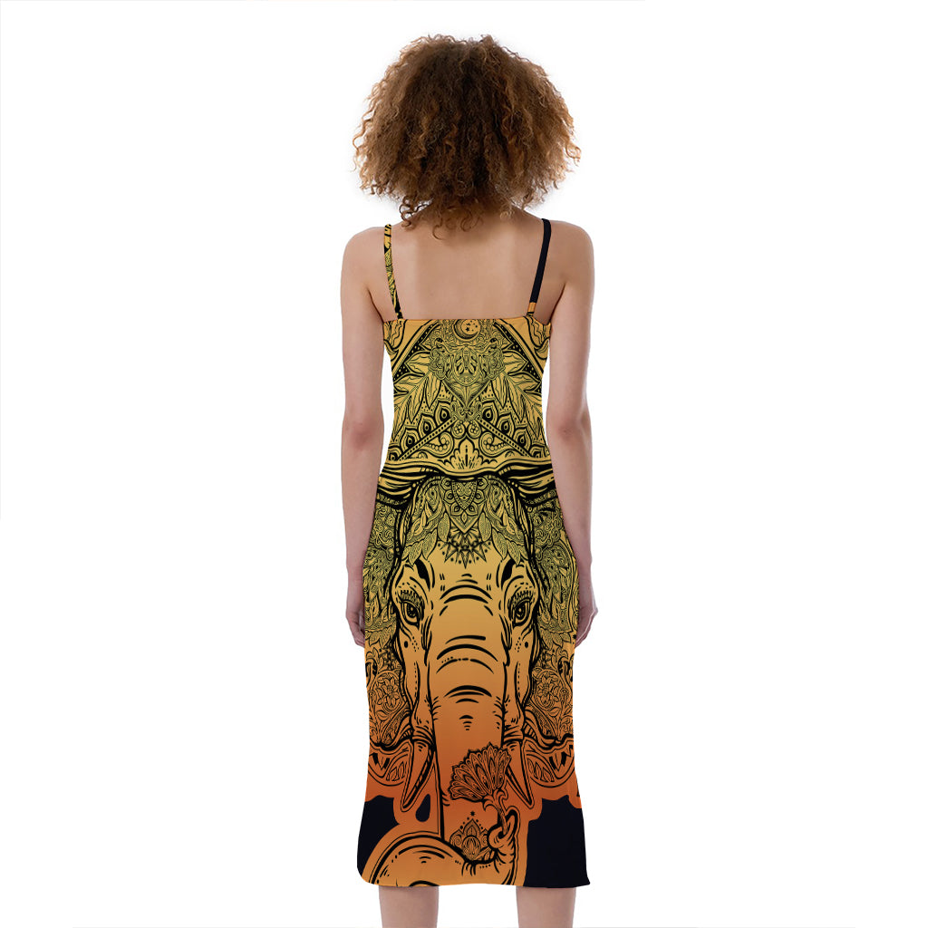 Indian Tribal Spiritual Elephant Print Slim Fit Midi Cami Dress