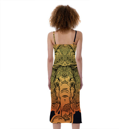 Indian Tribal Spiritual Elephant Print Slim Fit Midi Cami Dress