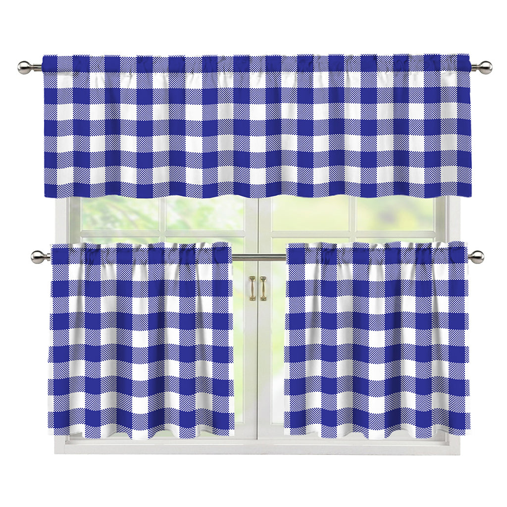 Indigo Blue And White Gingham Print 3 Piece Kitchen Curtains