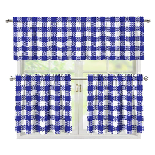 Indigo Blue And White Gingham Print 3 Piece Kitchen Curtains
