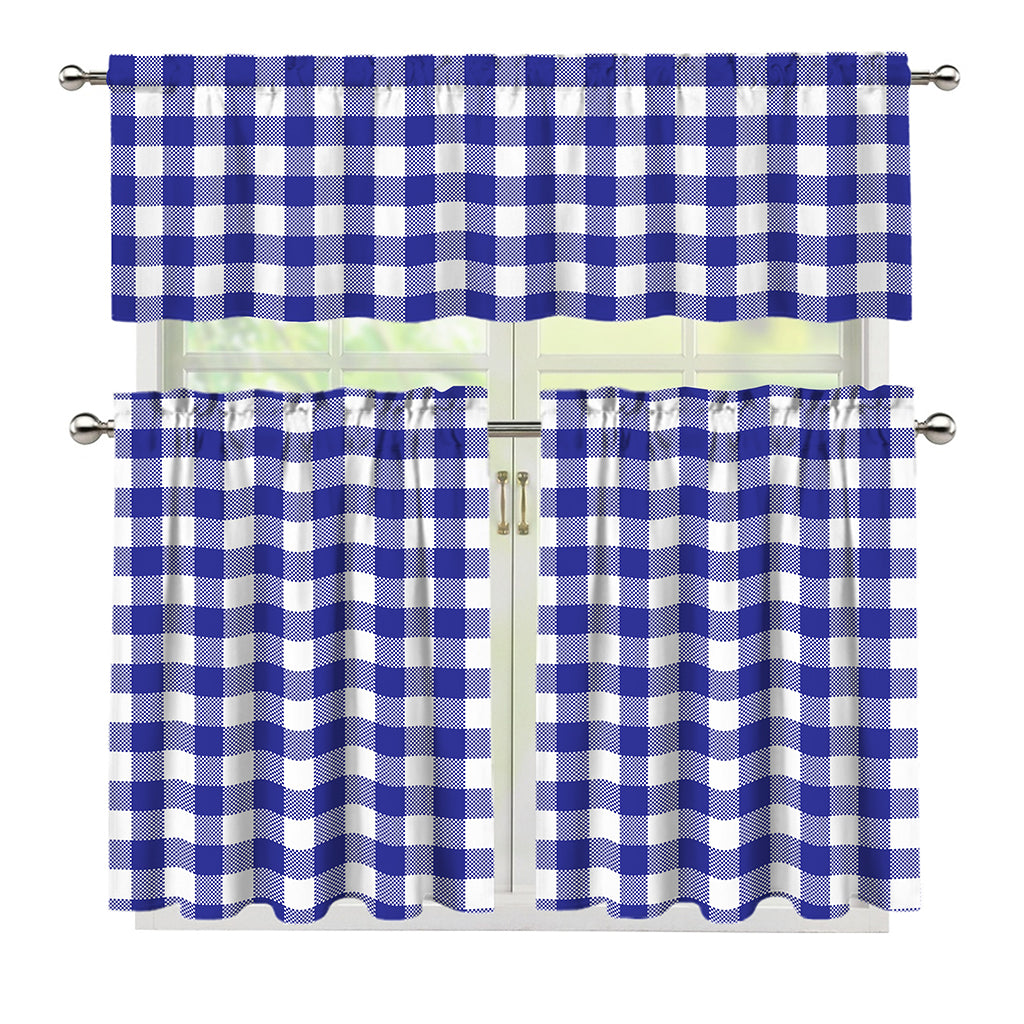 Indigo Blue And White Gingham Print 3 Piece Kitchen Curtains