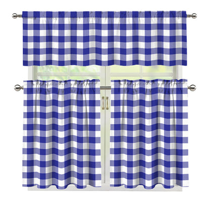 Indigo Blue And White Gingham Print 3 Piece Kitchen Curtains