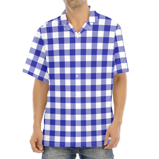 Indigo Blue And White Gingham Print Aloha Shirt