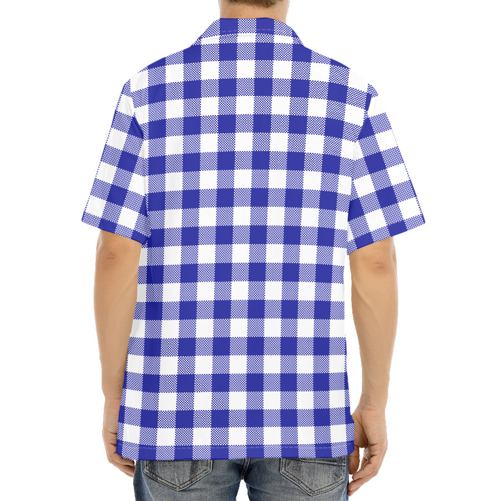 Indigo Blue And White Gingham Print Aloha Shirt