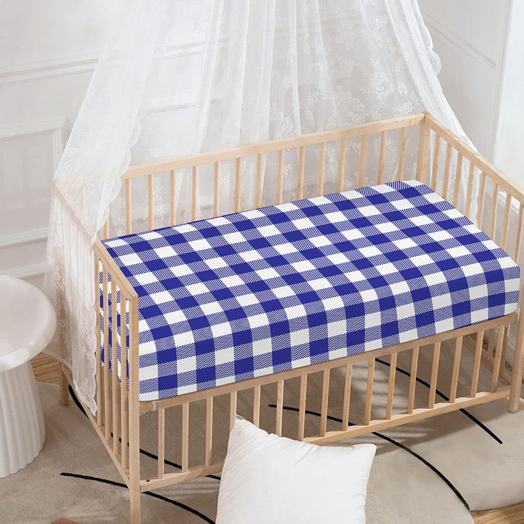 Indigo Blue And White Gingham Print Baby Crib Sheet